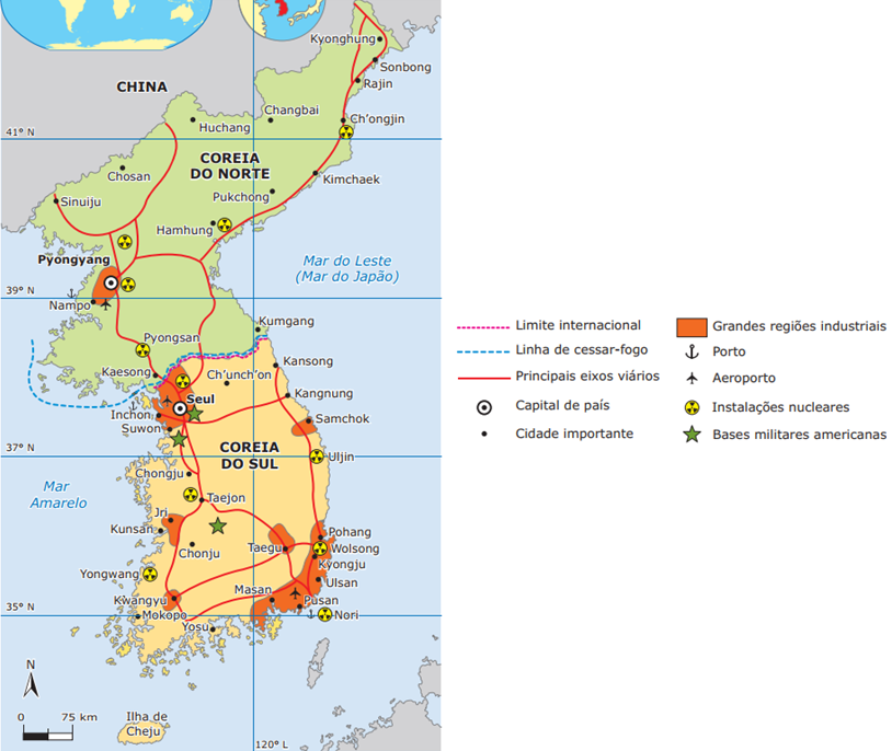 corea do norte - mapa mostrando a península coreana. Acima, a coreia do norte, abaixo a coreia do sul
