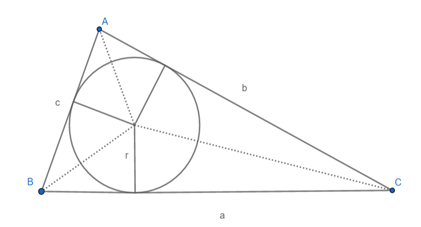 Cálculo da área do triângulo em função dos comprimentos dos lados e do raio da circunferência inscrita