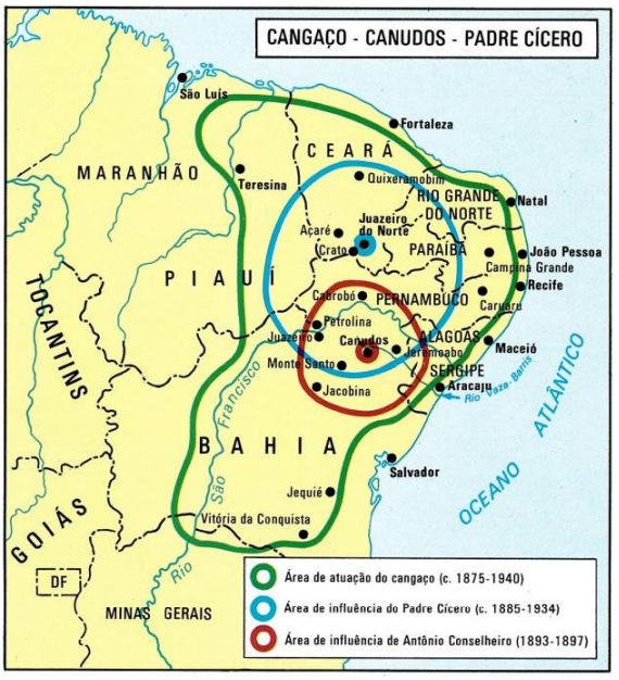 Mapa  da influência do Cangaço, Canudos e Padre Cíccero. ARRUDA, José Jobson A. Atlas histórico básico.