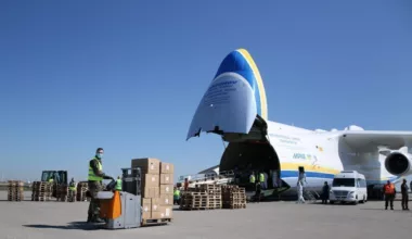 Suprimentos sendo carregado no Antonov An-225 Mriya